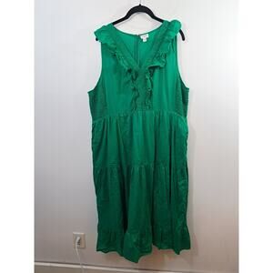 J. Crew Dress Women's Green V-neck Size 20 Smocked Sides Midi Pockets